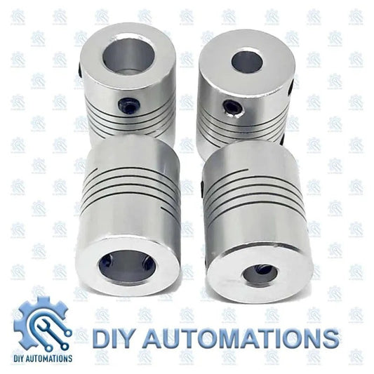 DIY Automations silver D19-25-6-10 flexible coupling, aluminum, with ribbed design and set screws.