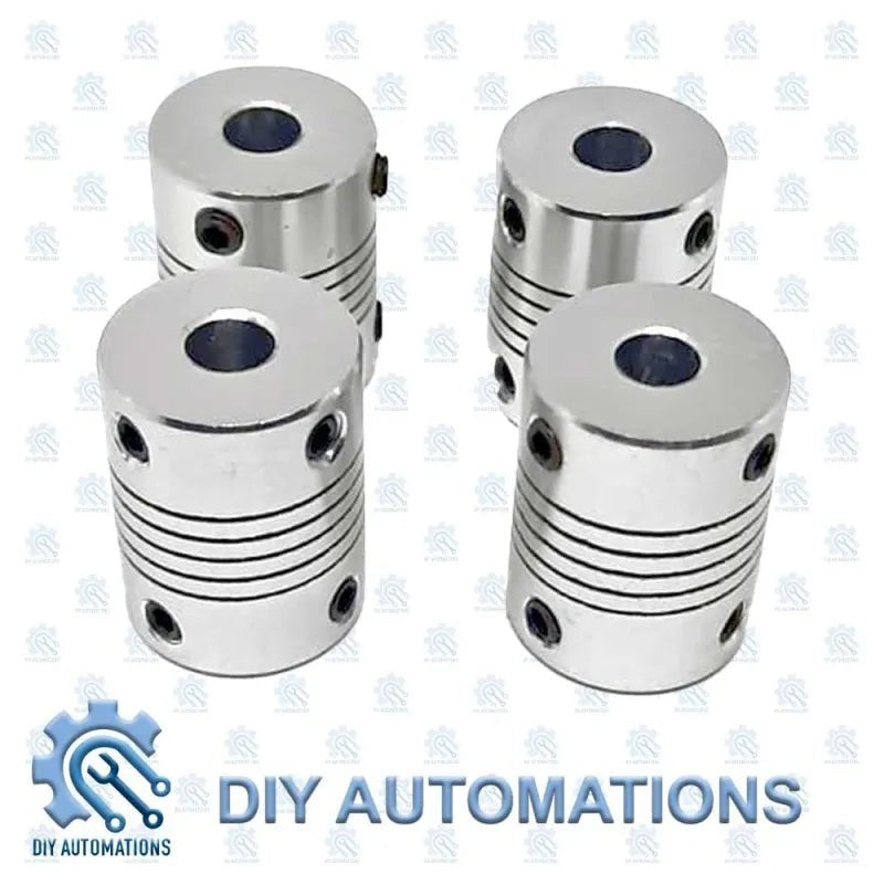 DIY Automations silver D19-25-6-6.35 flexible coupling for stepper motors, with ribbed body and set screws.