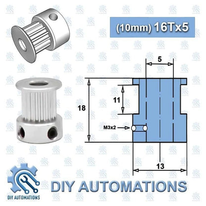 DIY Automations silver 16-tooth GT2 timing pulley with 5mm bore and two M3 screw holes.