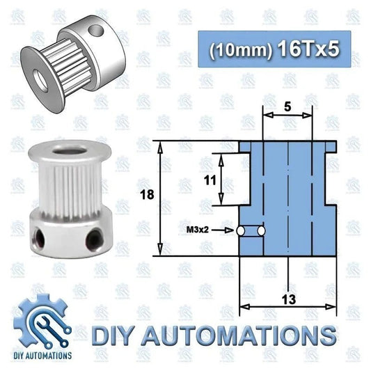 DIY Automations silver 16-tooth GT2 timing pulley with 5mm bore and two M3 screw holes.