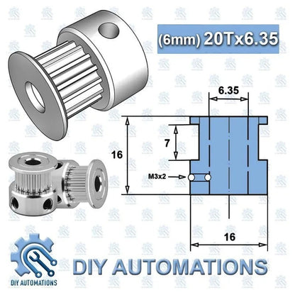 DIY Automations silver 20-tooth GT2 timing pulley with 6.35mm bore, 16mm diameter, and 6mm belt width.