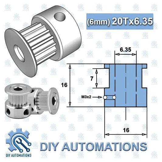 DIY Automations silver 20-tooth GT2 timing pulley with 6.35mm bore, 16mm diameter, and 6mm belt width.