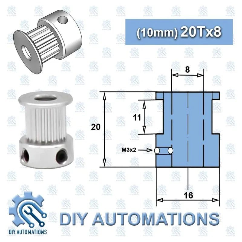 DIY Automations silver 20-tooth GT2 timing pulley with 8mm bore, 10mm belt width, and M3 screw holes.