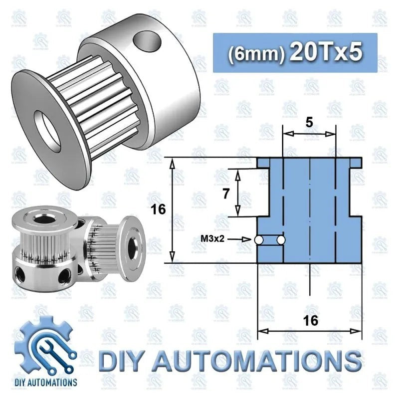 DIY Automations silver 20-tooth GT2 timing pulley with 5mm bore, 16mm diameter, and 7mm width.