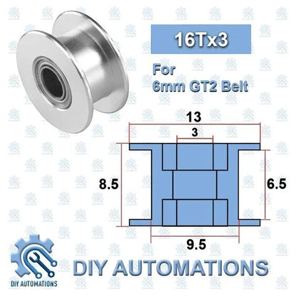 DIY Automations silver 16-tooth idler pulley for 6mm GT2 belts, with bearing and dimensions shown.