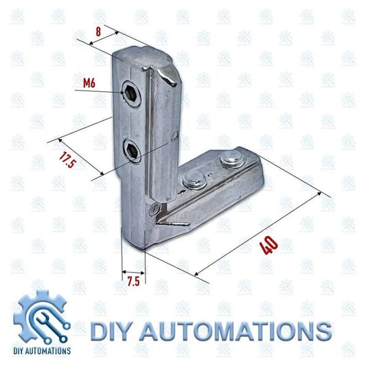 DIY AUTOMATIONS silver L-type corner bracket for 40x40 extrusions, with M6 screw holes.