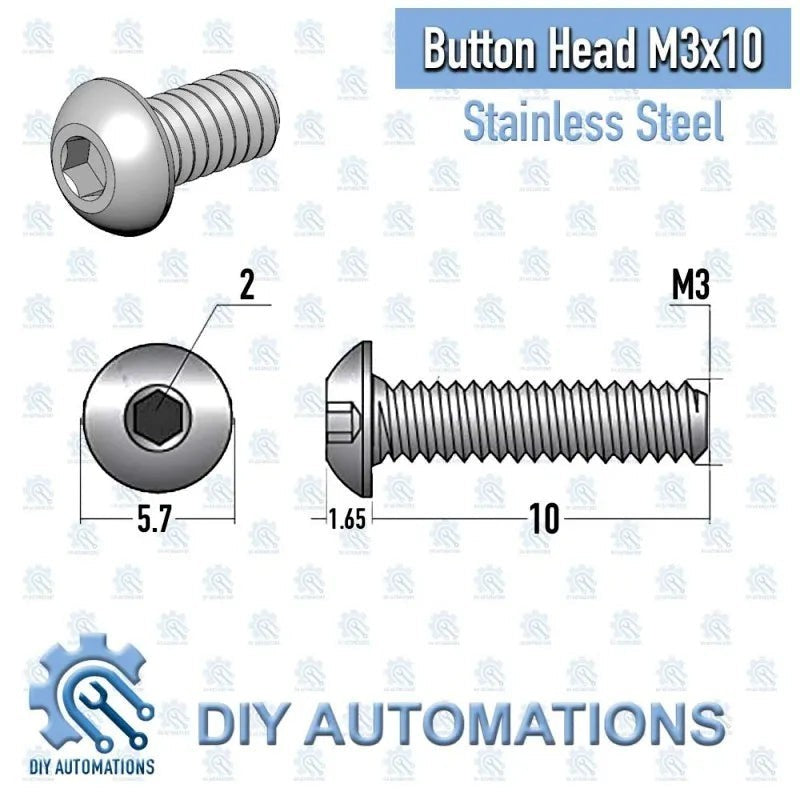 DIY AUTOMATIONS silver M3x10 stainless steel button head socket screw with hex drive.
