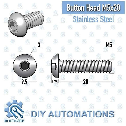DIY AUTOMATIONS silver stainless steel M5x20 button head socket screw with hexagonal drive.