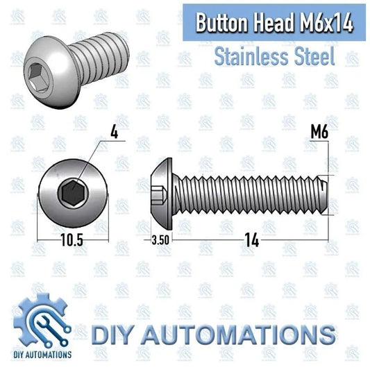 DIY Automations silver M6x14 stainless steel button head socket screw with hex drive.