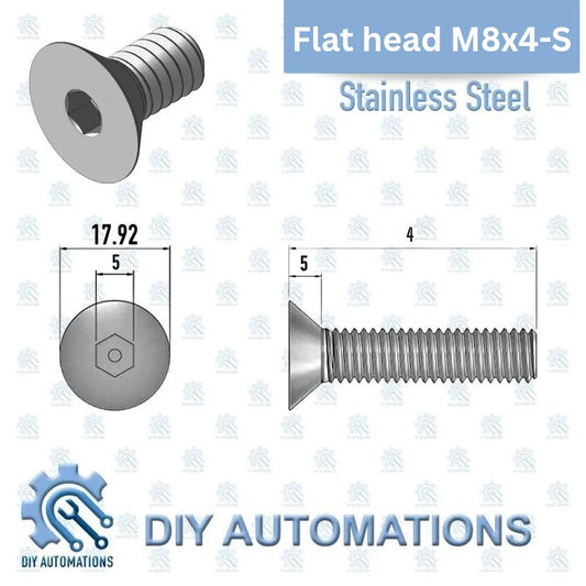 DIY AUTOMATIONS silver M8x4 stainless steel flat head countersunk screw with hex socket drive.