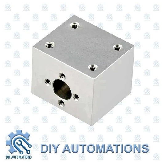 DIY Automations silver T8 nut support, a metal block with a central hole and four screw holes on top.