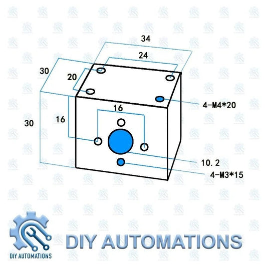 DIY AUTOMATIONS silver T8 nut support with dimensions and screw hole specifications shown in diagram.