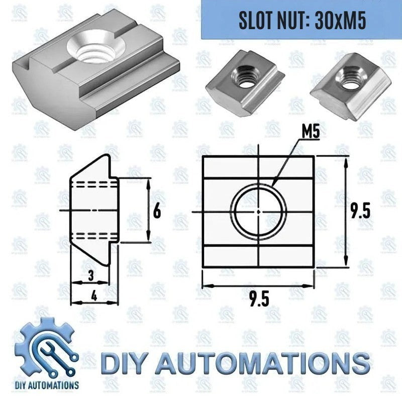 DIY Automations T-slot nut, M5 thread, 30mm length, 9.5mm width, 6mm height, aluminium construction.