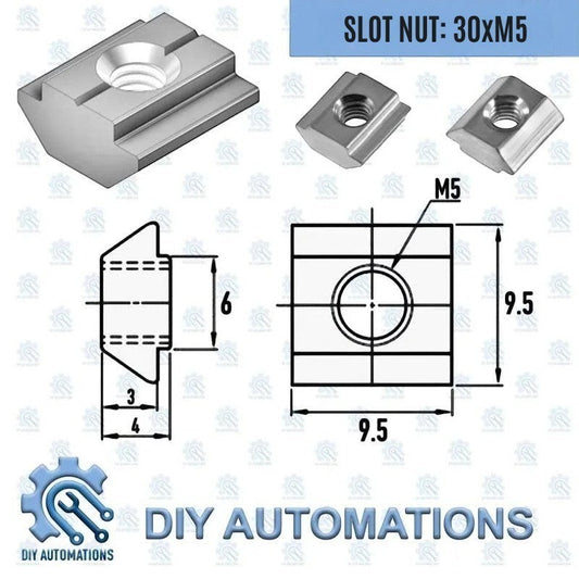 DIY Automations T-slot nut, M5 thread, 30mm length, 9.5mm width, 6mm height, aluminium construction.