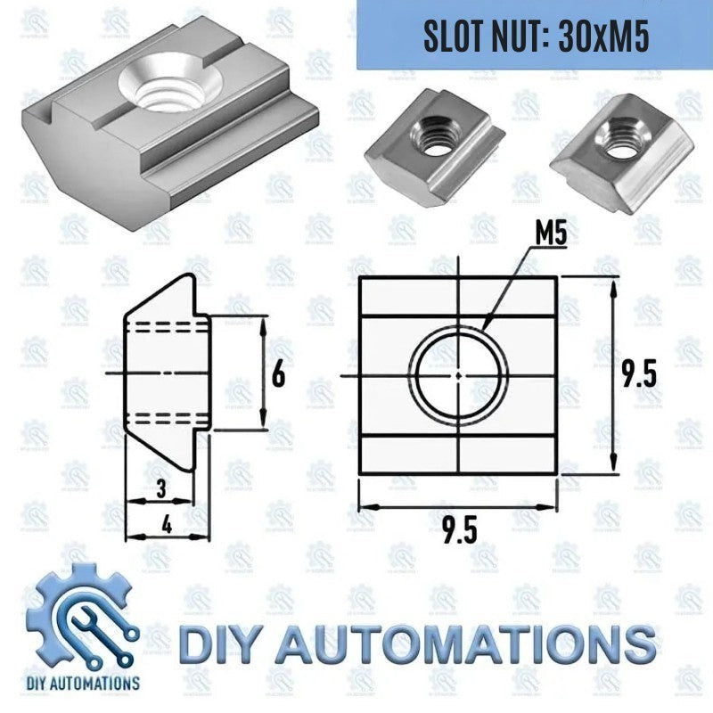 DIY Automations T-slot nut, M5 thread, 30mm length, 9.5mm width, 6mm height, aluminium construction.