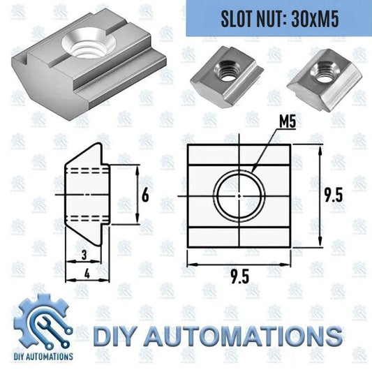 DIY Automations T-slot nut, M5 thread, 30mm length, 9.5mm width, 6mm height, aluminium construction.