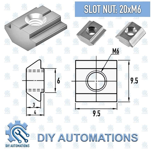 DIY AUTOMATIONS T-slot nut, M6 thread, 20mm length, 9.5mm width, 6mm height, aluminium construction.