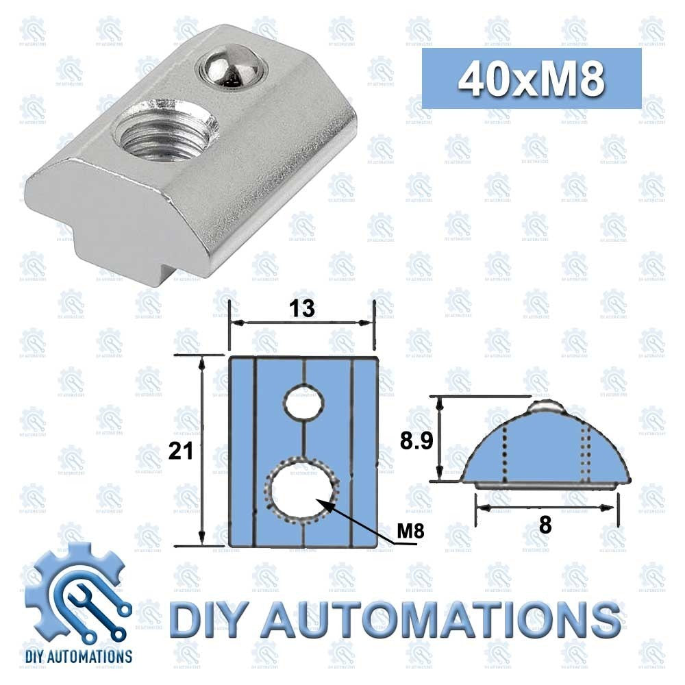 DIY Automations silver slot nut with ball, M8 thread, for aluminum extrusion profiles.