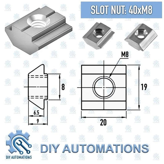 DIY Automations slot nut 40xM8, T-nut for aluminum profiles, M8 thread, 19mm width, 8mm height.
