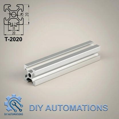 DIY Automations T-2020 silver aluminum extrusion profile with T-slot design for custom frames and projects.