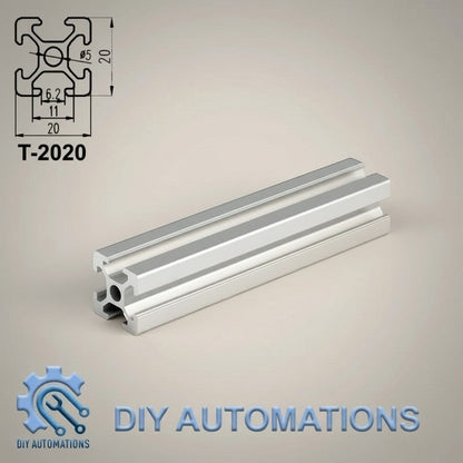 DIY Automations T-2020 silver aluminum extrusion profile with T-slot design for custom frames and projects.