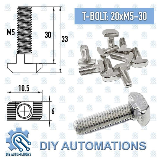 DIY Automations T-Bolt M5-30, stainless steel, with detailed dimensions shown in diagrams.