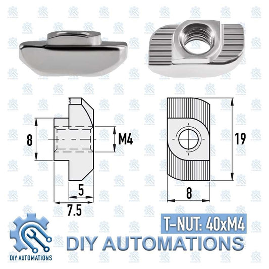 DIY Automations T-Nut 40xM4, silver-tone metal, with detailed dimensions for M4 thread, height, width, and length.