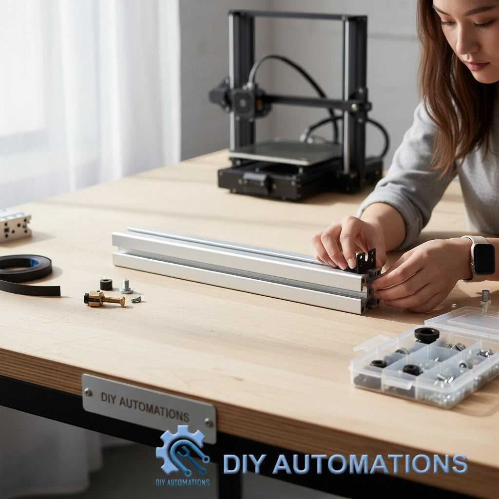 DIY Automations T-slot aluminium profile, 3000mm silver, being assembled with hardware and a 3D printer in background.