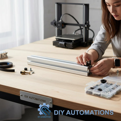 DIY Automations T-slot aluminium profile, 3000mm silver, being assembled with hardware and a 3D printer in background.