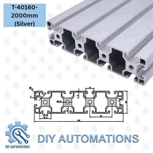DIY Automations T-40160 silver aluminium T-slot profile, 2000mm length, industrial extrusion.