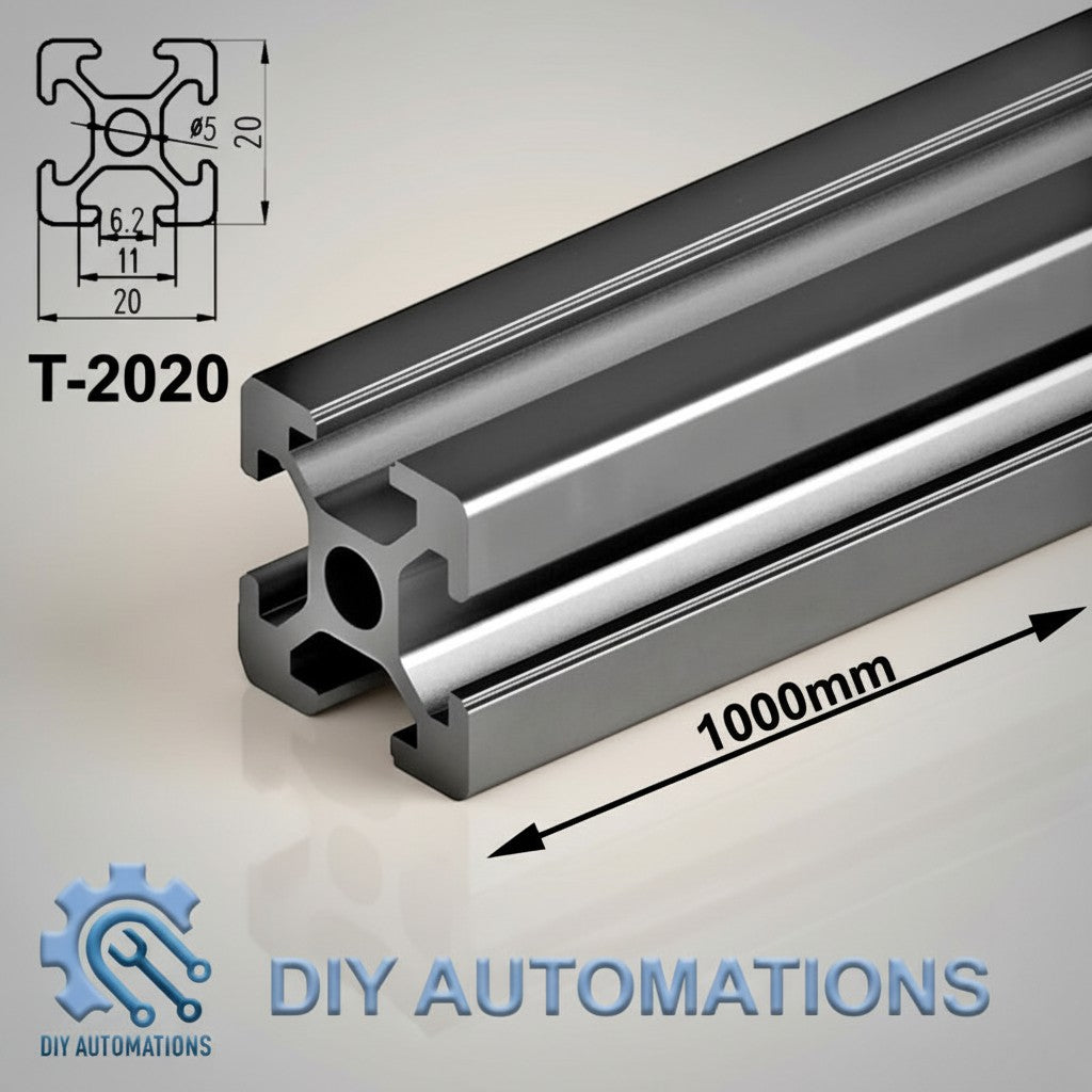 DIY Automations T-2020 black aluminum extrusion profile, 1000mm length, T-slot design for custom builds.