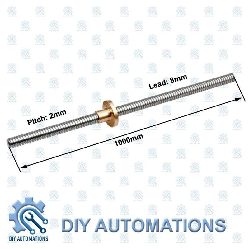 DIY Automations T8 lead screw 1000mm long with 8mm lead and 2mm pitch, featuring a brass round nut.