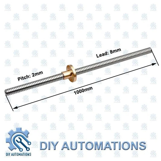 DIY Automations T8 lead screw 1000mm long with 8mm lead and 2mm pitch, featuring a brass round nut.