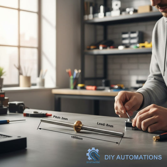 DIY Automations T8 lead screw, 1000mm long, 8mm lead, 2mm pitch, with a brass round nut.