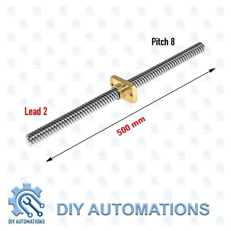 DIY AUTOMATIONS T8 lead screw, 500mm length, 8mm pitch, 2mm lead, with square nut.