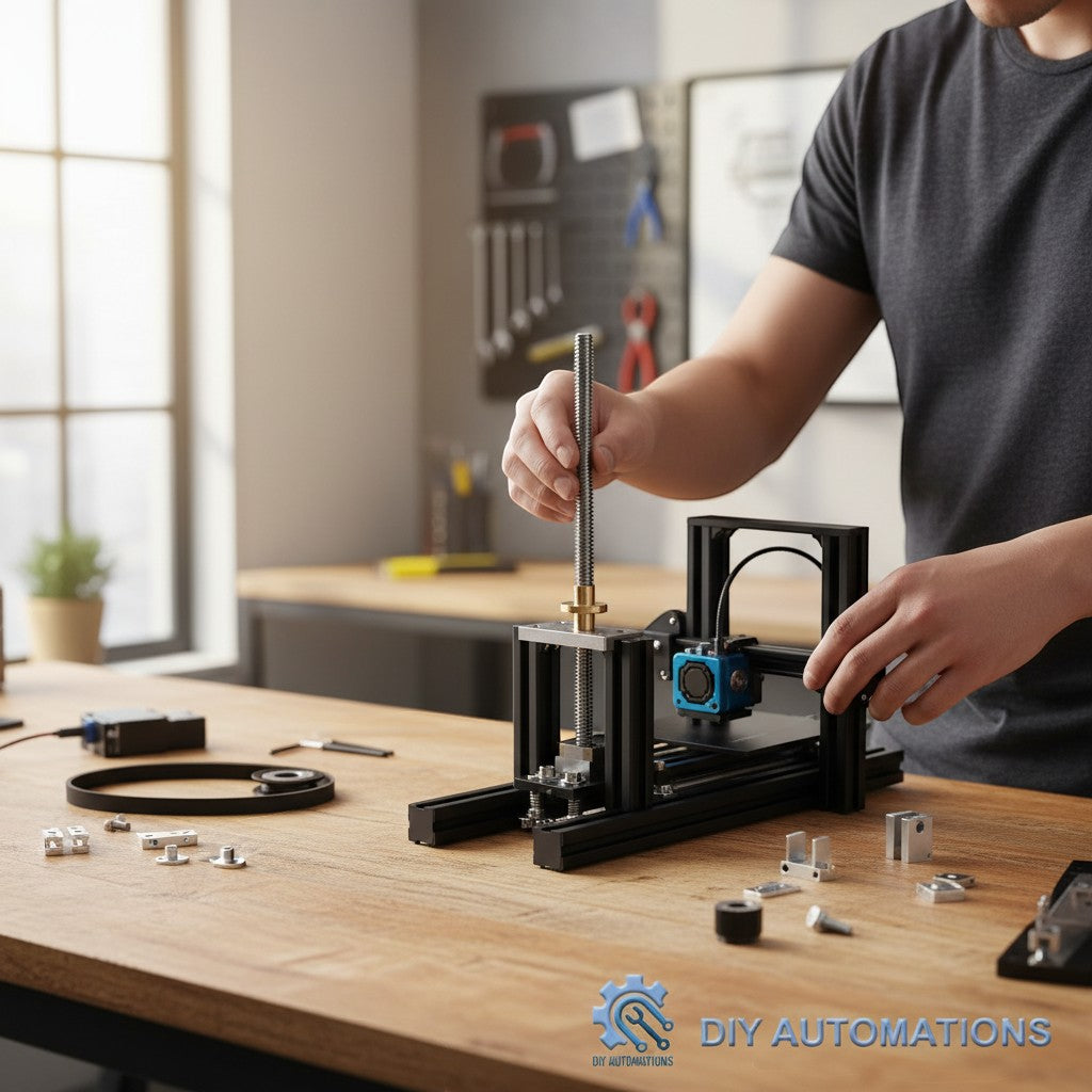 DIY Automations T8 lead screw with round nut being assembled onto a 3D printer frame.