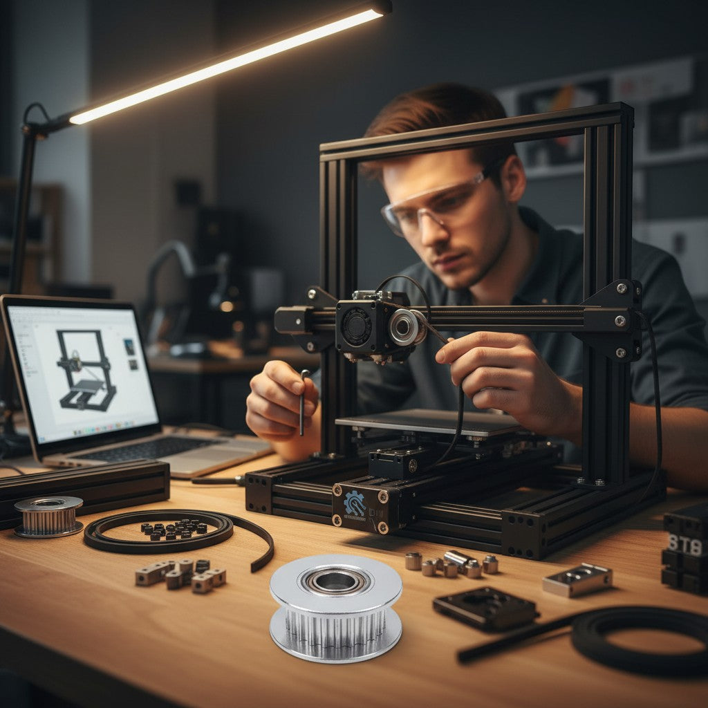 DIY AUTOMATIONSH silver aluminum 20-tooth GT2 timing pulley with bearing for 6mm belts, used in 3D printers and CNC machines.