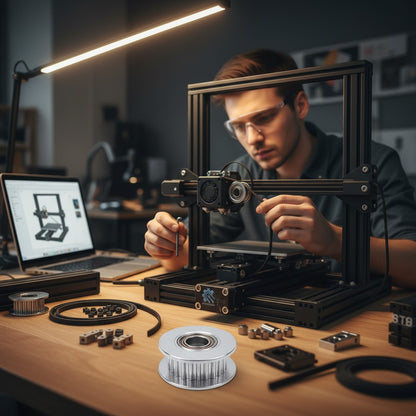 DIY AUTOMATIONSH silver aluminum 20-tooth GT2 timing pulley with bearing for 6mm belts, used in 3D printers and CNC machines.