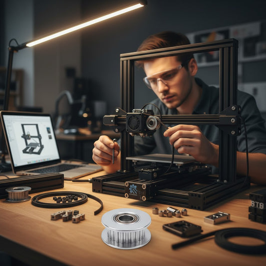 DIY AUTOMATIONSH silver aluminum 20-tooth GT2 timing pulley with bearing for 6mm belts, used in 3D printers and CNC machines.