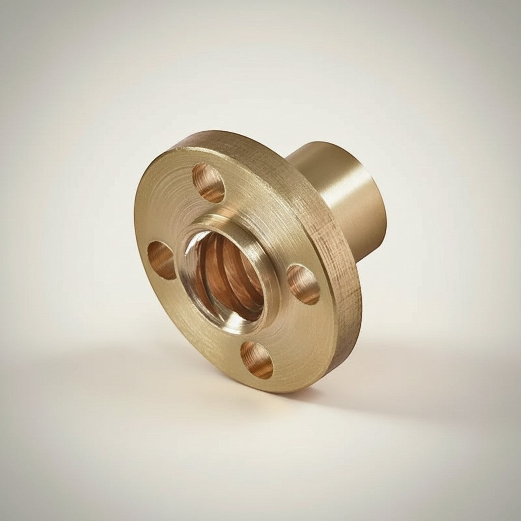 DIY AUTOMATIONSH T8 lead screw flanged brass nut with four mounting holes and internal threading.
