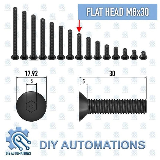 DIY Automations black M8x30 flat head countersunk socket screws, shown in various sizes with dimensions.