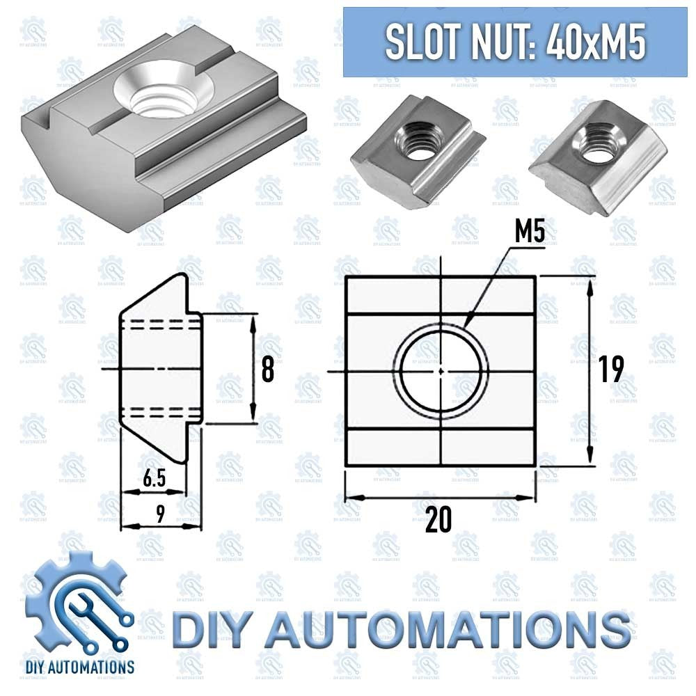 DIY Automations slot nut 40xM5, T-nut for aluminum profiles, M5 thread, 19mm height, 20mm width, 8mm thickness.