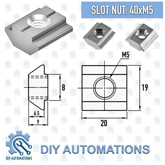 DIY Automations slot nut 40xM5, T-nut for aluminum profiles, M5 thread, 19mm height, 20mm width, 8mm thickness.