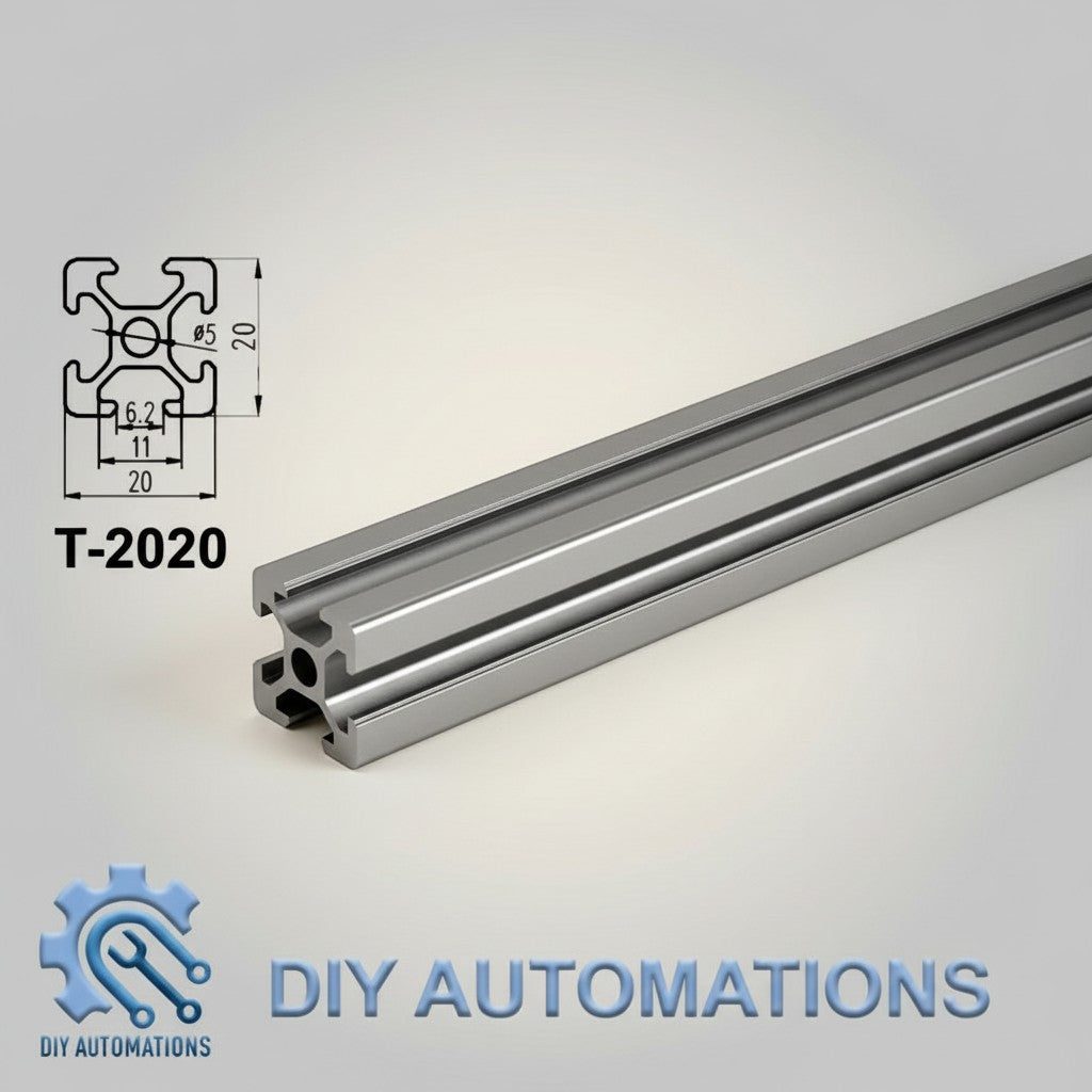 DIY Automations T-2020 aluminum extrusion profile, 1000mm length, black finish, T-slot design for versatile building.
