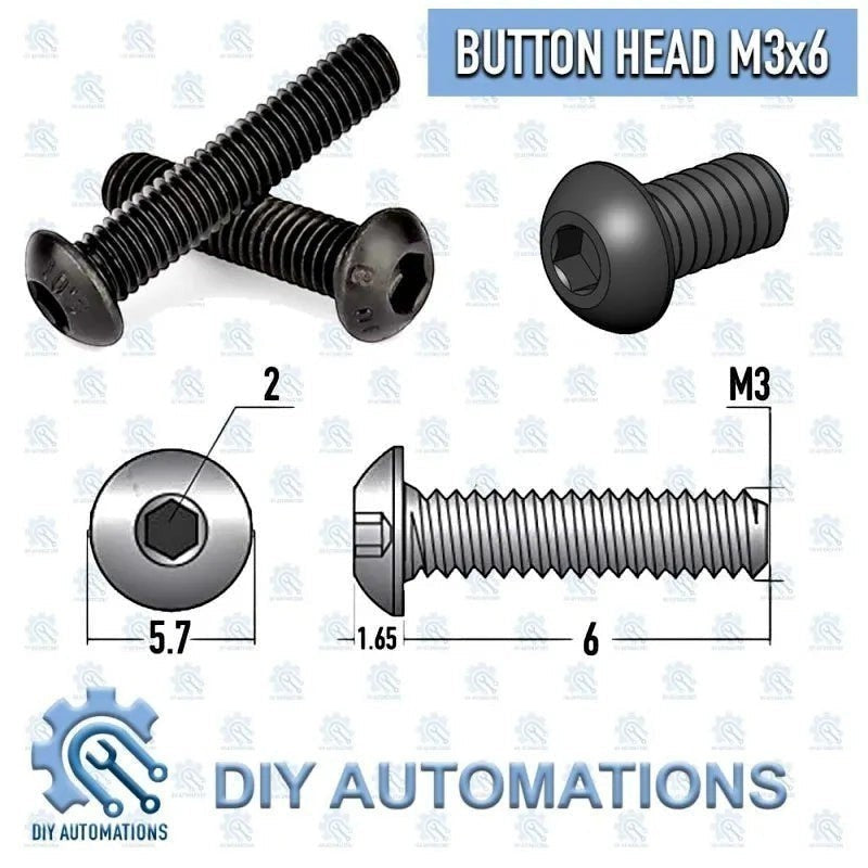 DIY AUTOMATIONS black M3x6 button head socket screw with hex drive.