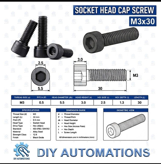 (Socket Head Screw) SHS M3x30 BLACK - DIY AUTOMATIONS